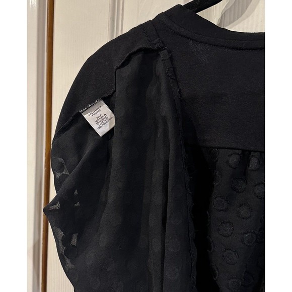 Skies Are Blue Black Knit Clip Dot Sheer Back Chiffon Sleeves Button Cuff Blouse - Picture 12 of 12